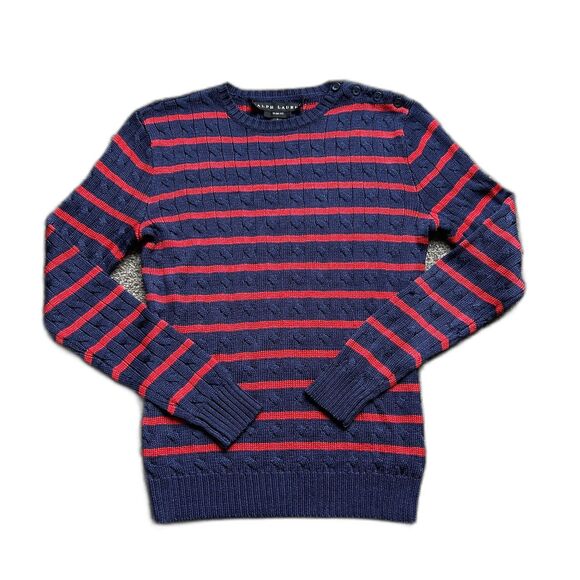 Ralph Lauren Black Label Sweaters - RALPH LAUREN BLACK LABEL STRIPED SILK CABLE KNIT SLIM FIT SWEATER RED NAVY SMALL